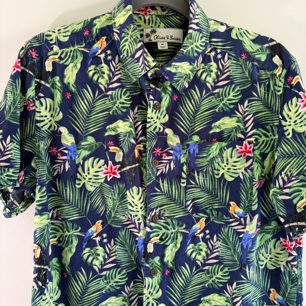 Oliver & Burke Mens Tropical Parrot Toucan Palm Print Button Down Shirt Medium - Picture 9 of 9